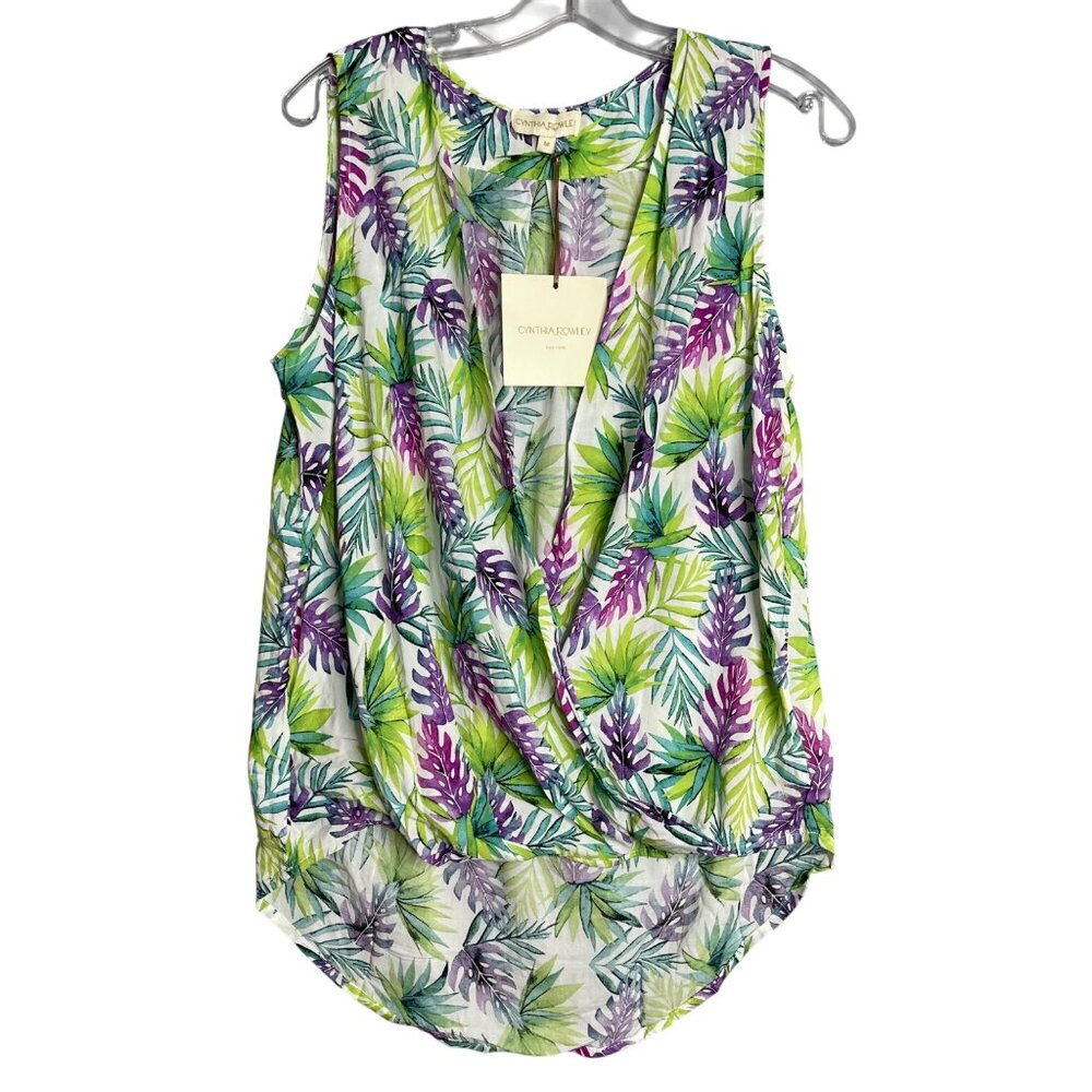 Cynthia Rowley Blouse Womens Medium White Green Purple Tropical Surplice Wrap